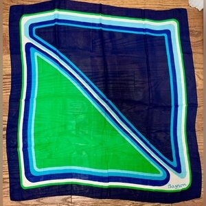 Silk Geometric Scarf BAYRON Navy & Green Triangular Pattern 29” x 31” Foulard